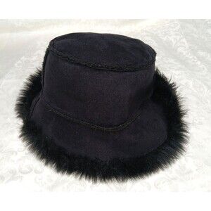 Women’s Black Faux Suede Bucket Floppy Hat Faux Fur Lined